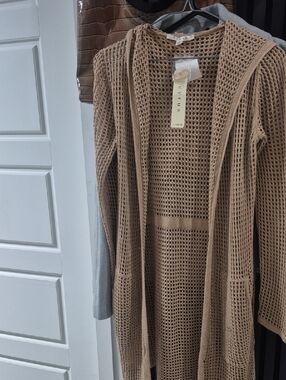 Cyrus Open-Weave Hooded Cardigan in Brown